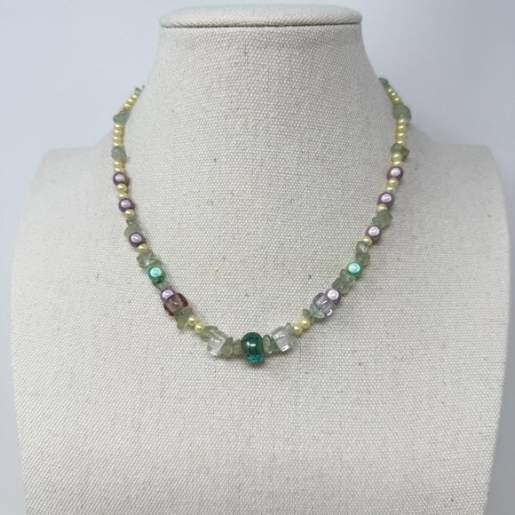 Fluorite Chips & Foil Glass Beads Necklace Vintage Pastels‎ Dainty Faux Pearls - Picture 1 of 9